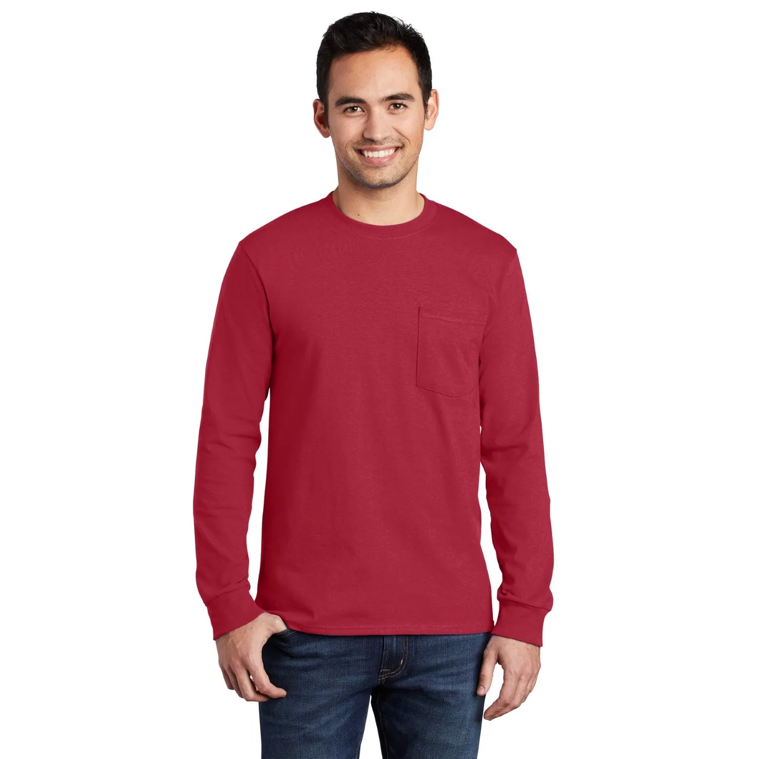 Port & Company Long Sleeve Essential Pocket Tee Decorated - Red