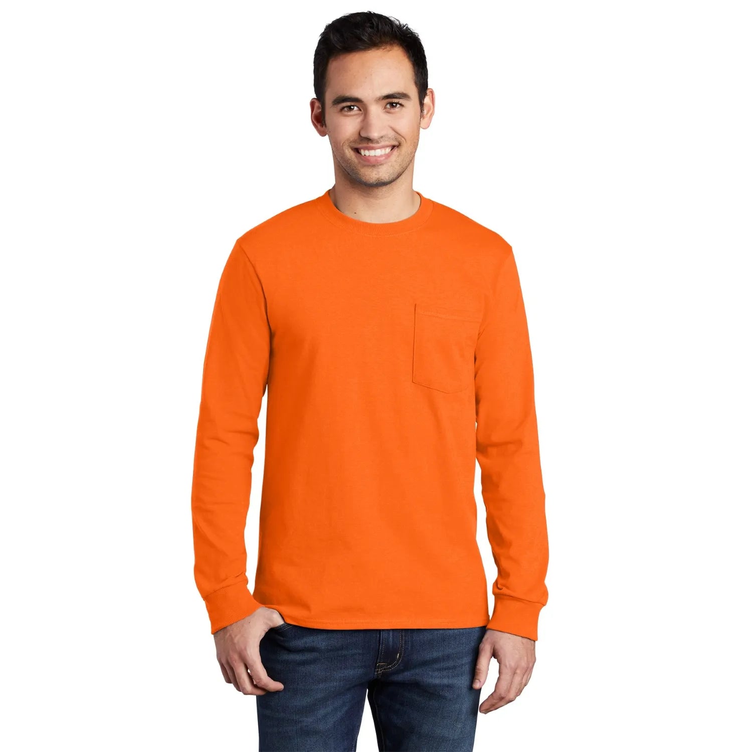 Port & Company Long Sleeve Essential Pocket Tee Decorated - Safety Orange