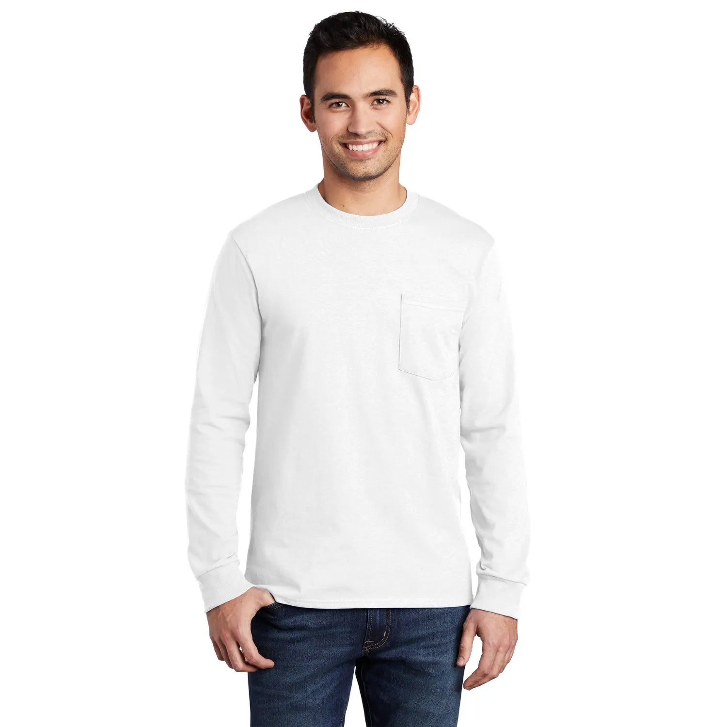 Port & Company Long Sleeve Essential Pocket Tee Decorated - White