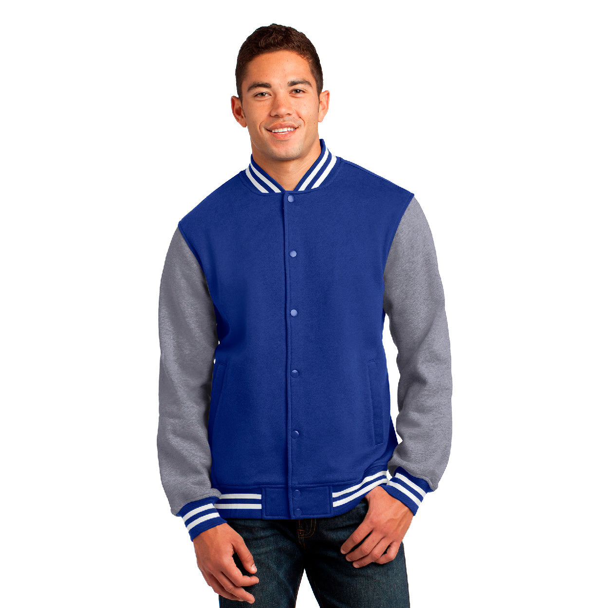 Sport-Tek Fleece Letterman Embroidered Jacket - True Navy Blue/Vintage Grey Heather (PMS 533C)