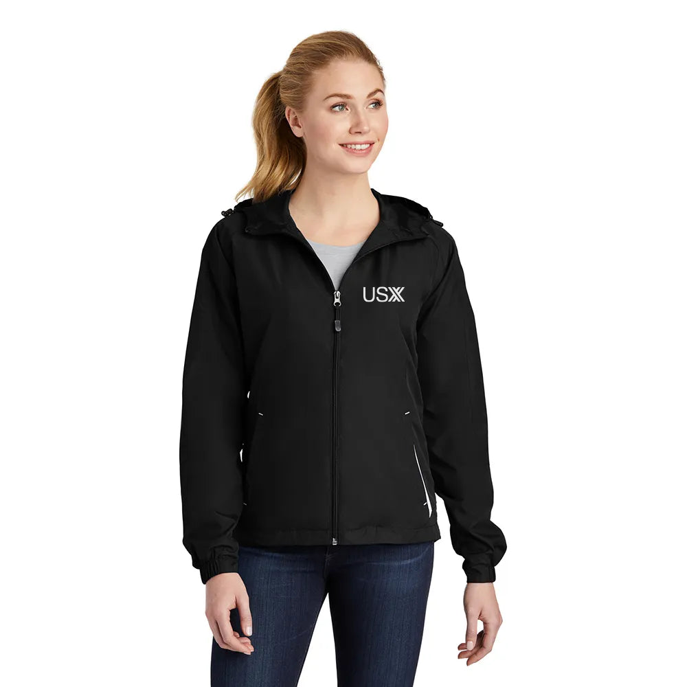 Sport-Tek Women's Colorblock Hooded Raglan Embroidered Jacket Decorated - Black/White