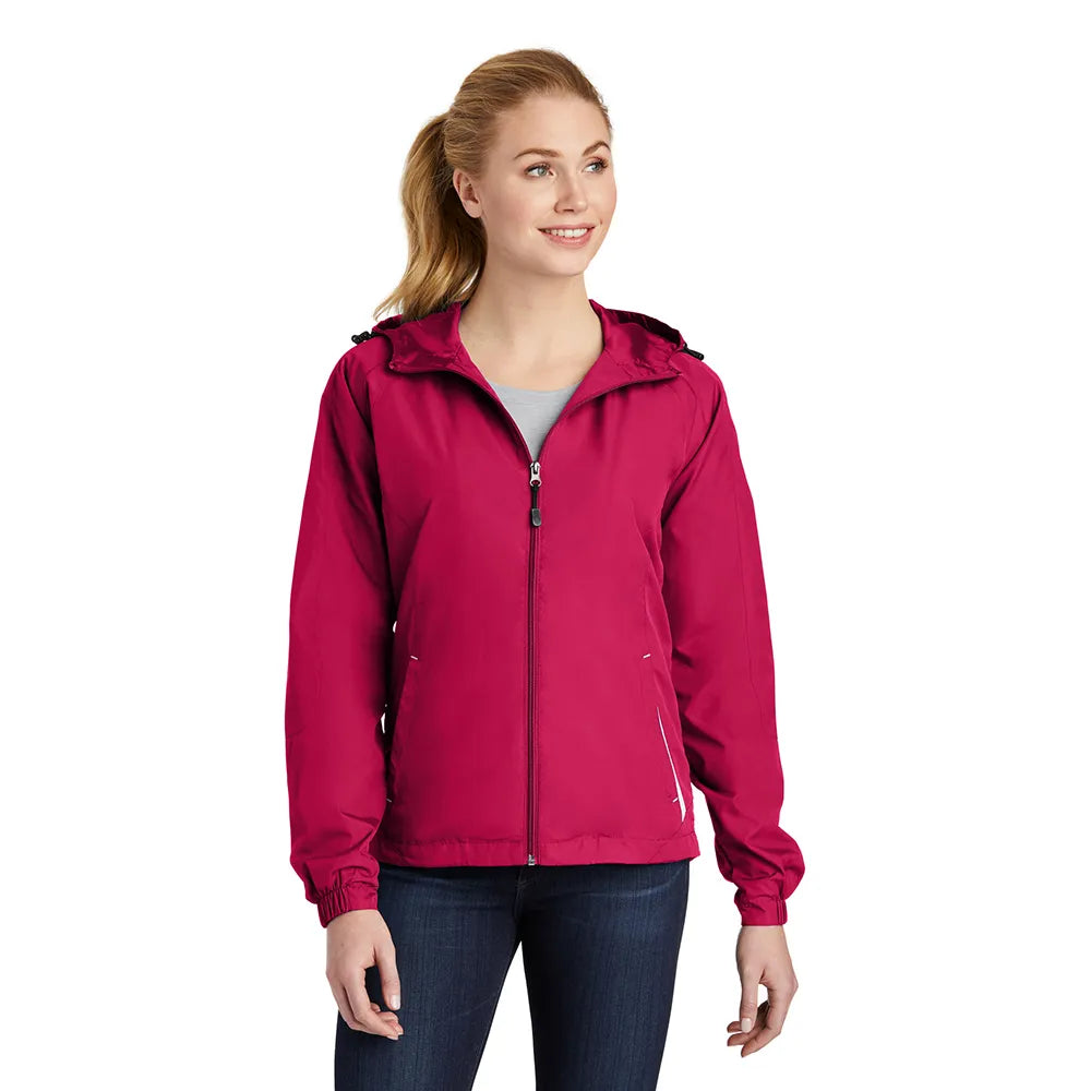 Sport-Tek Women's Colorblock Hooded Raglan Embroidered Jacket Decorated - Pink Raspberry/White