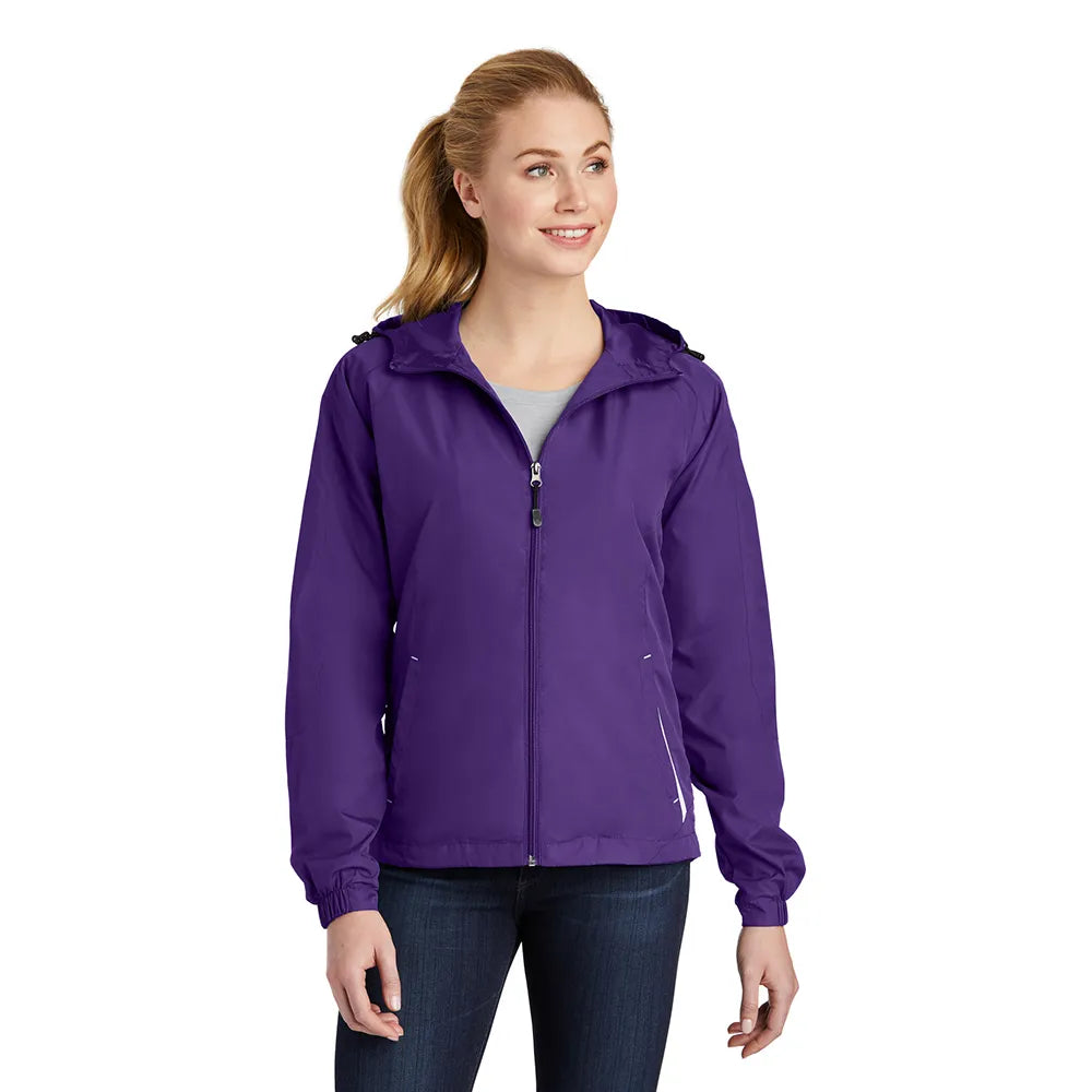 Sport-Tek Women's Colorblock Hooded Raglan Embroidered Jacket Decorated - Purple/White