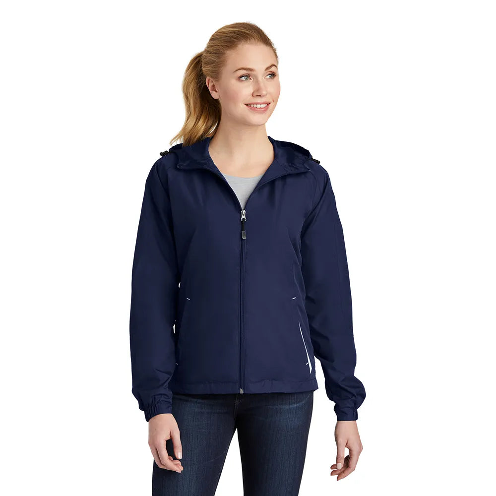 Sport-Tek Women's Colorblock Hooded Raglan Embroidered Jacket Decorated - True Navy Blue/White