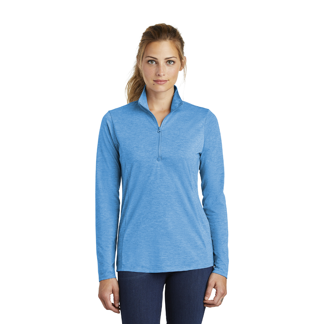 Sport-Tek Women's PosiCharge Tri-Blend Wicking 1/4-Zip Pullover Decorated - True Navy Blue Heather