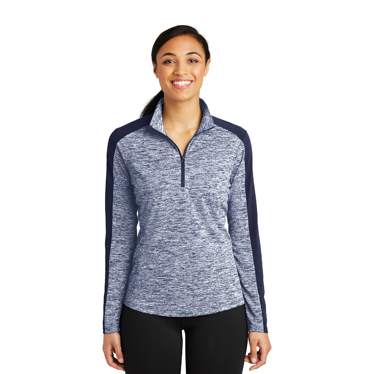 Sport-Tek Women's PosiCharge Electric Heather Colorblock 1/4-Zip Pullover Decorated - True Navy Electric/True Navy Blue