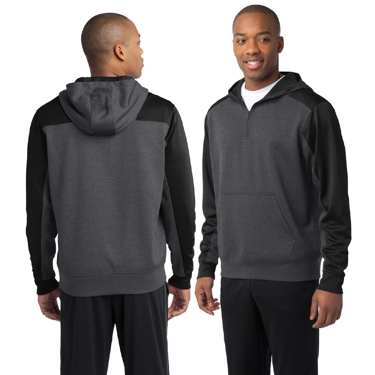 Sport-Tek Tech Fleece Colorblock 1/4-Zip Hooded Sweatshirt Decorated - Graphite Grey Heather/Forest Green