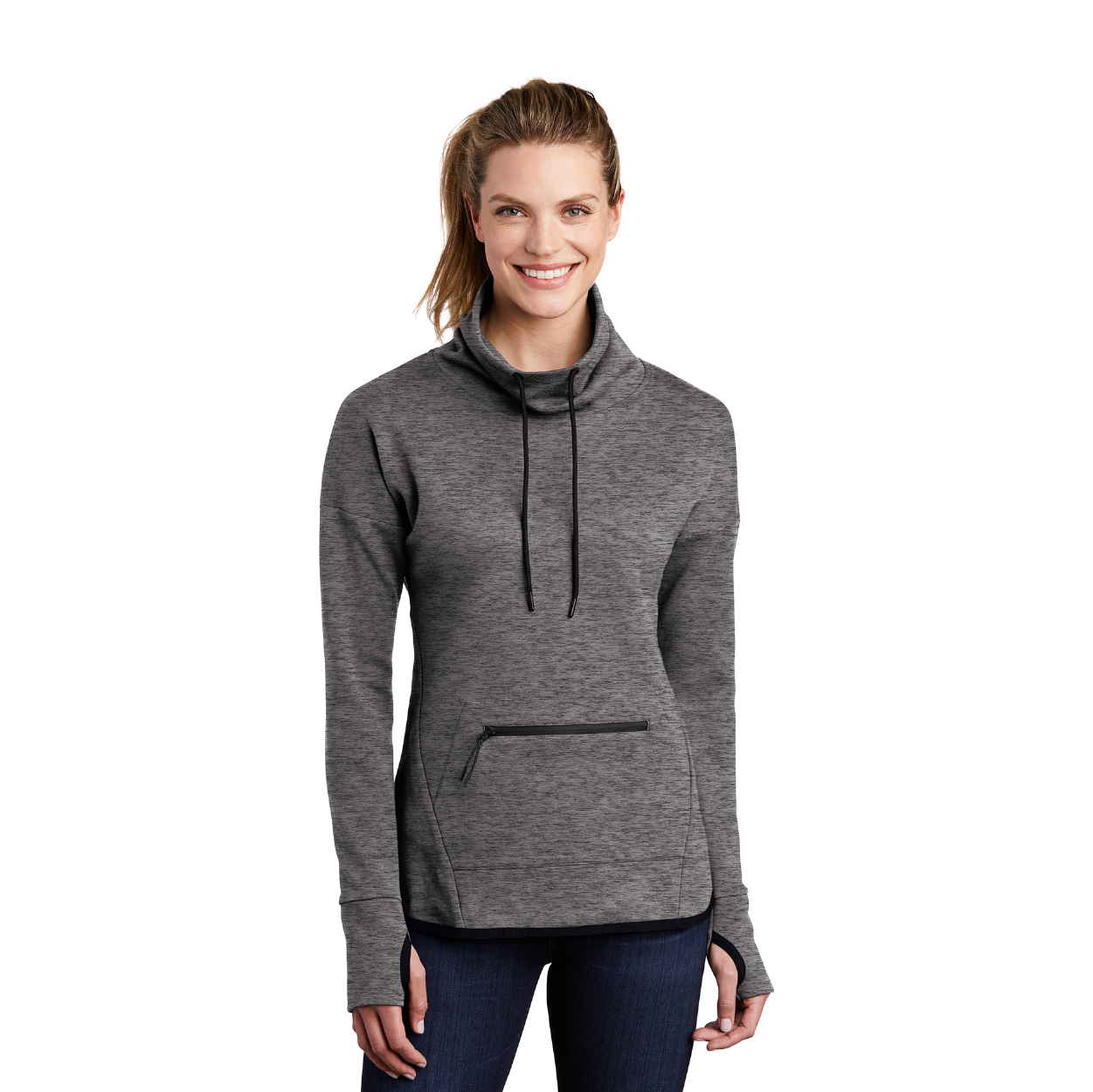 Sport-Tek Women's Triumph Cowl Neck Pullover Decorated - Black Heather