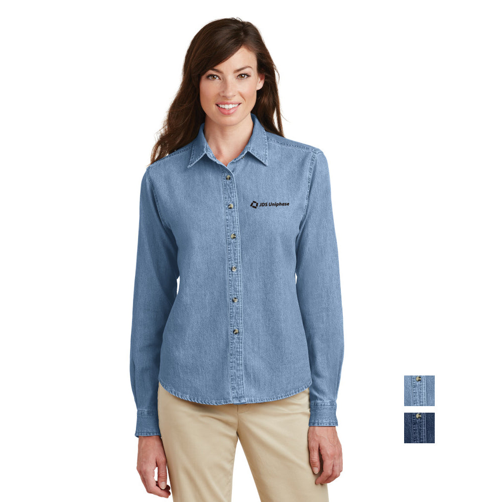 Port & Company Women's Long Sleeve Value Denim Shirt Embroidered - Faded Blue