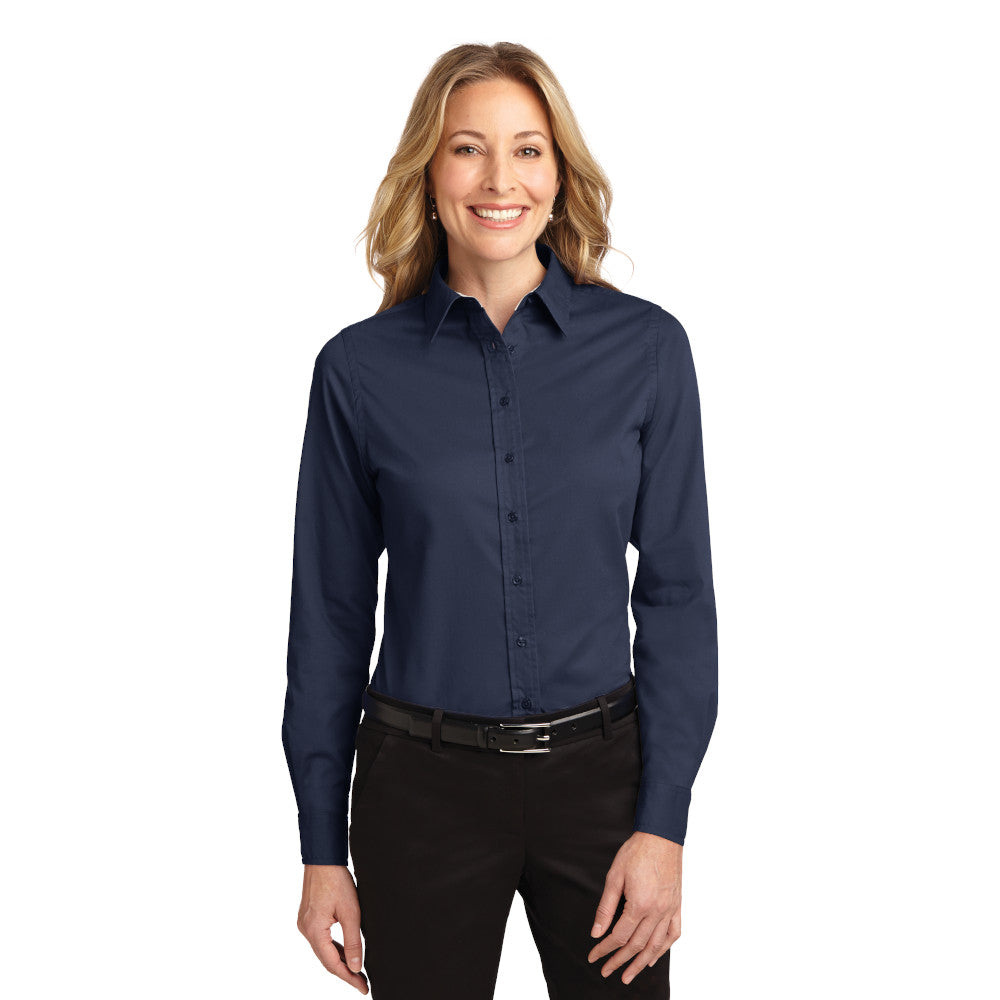 Port Authority Women's Long Sleeve Easy Care Shirt Embroidered - White/Light Stone Grey
