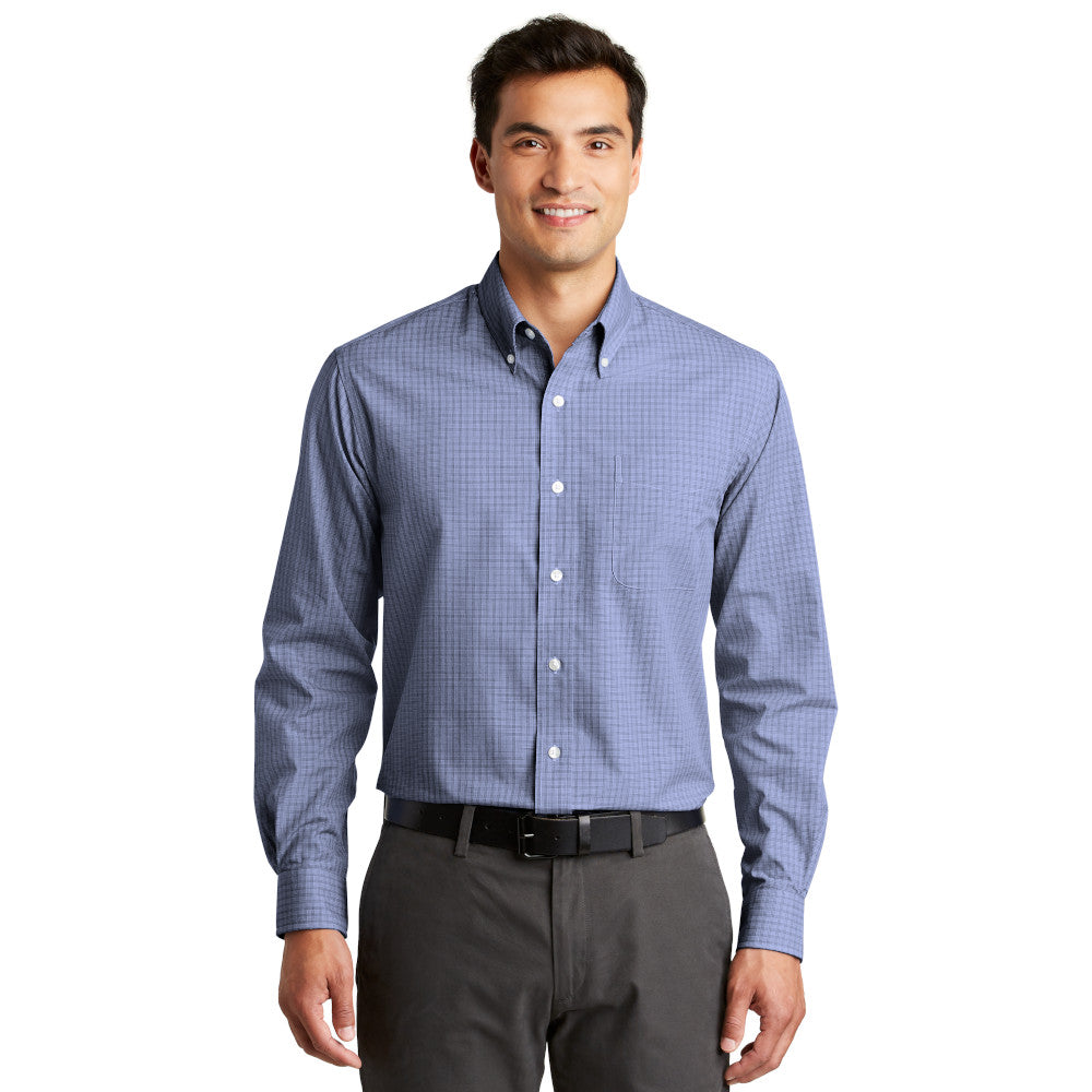 Port Authority Plaid Pattern Easy Care Shirt Embroidered – White