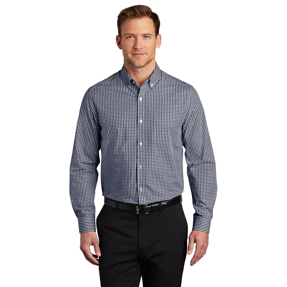 Port Authority Broadcloth Gingham Easy Care Shirt Embroidered – True Navy Blue/White