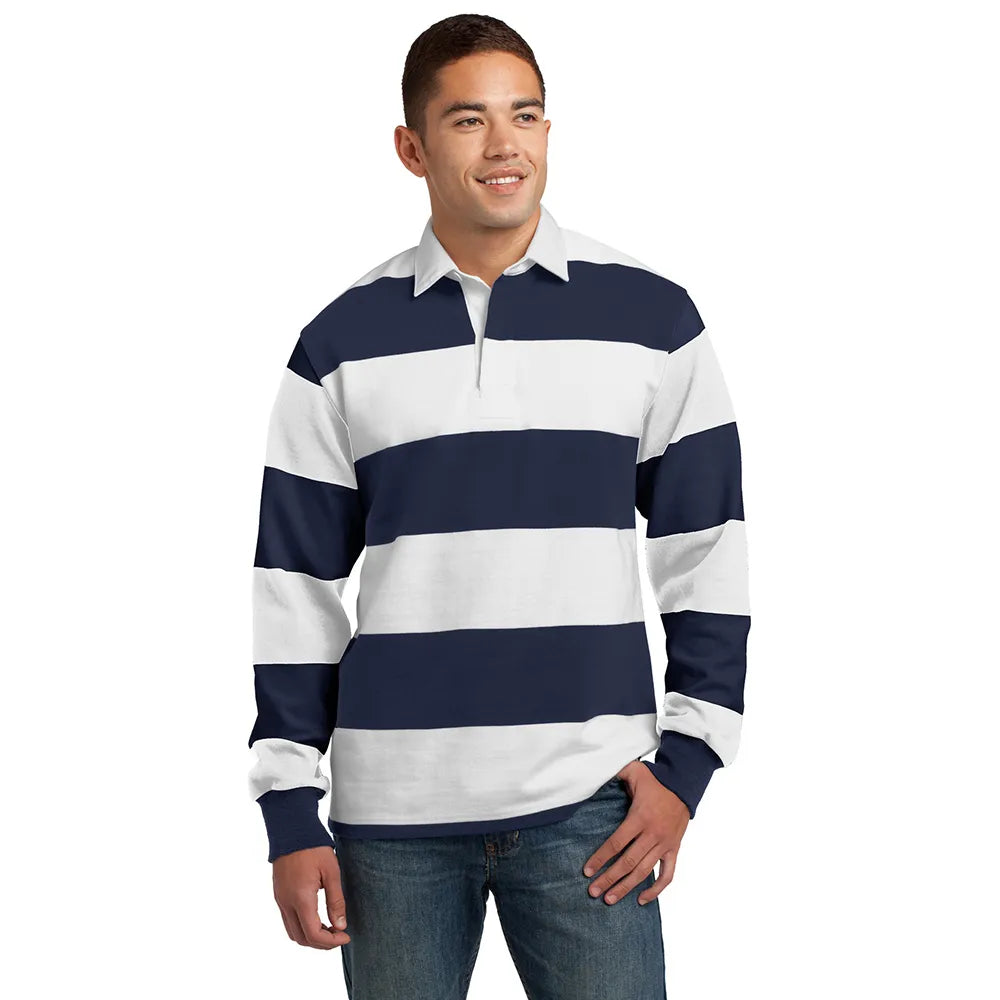 Sport-Tek Classic Long Sleeve Rugby Embroidered Polo – True Navy Blue/White