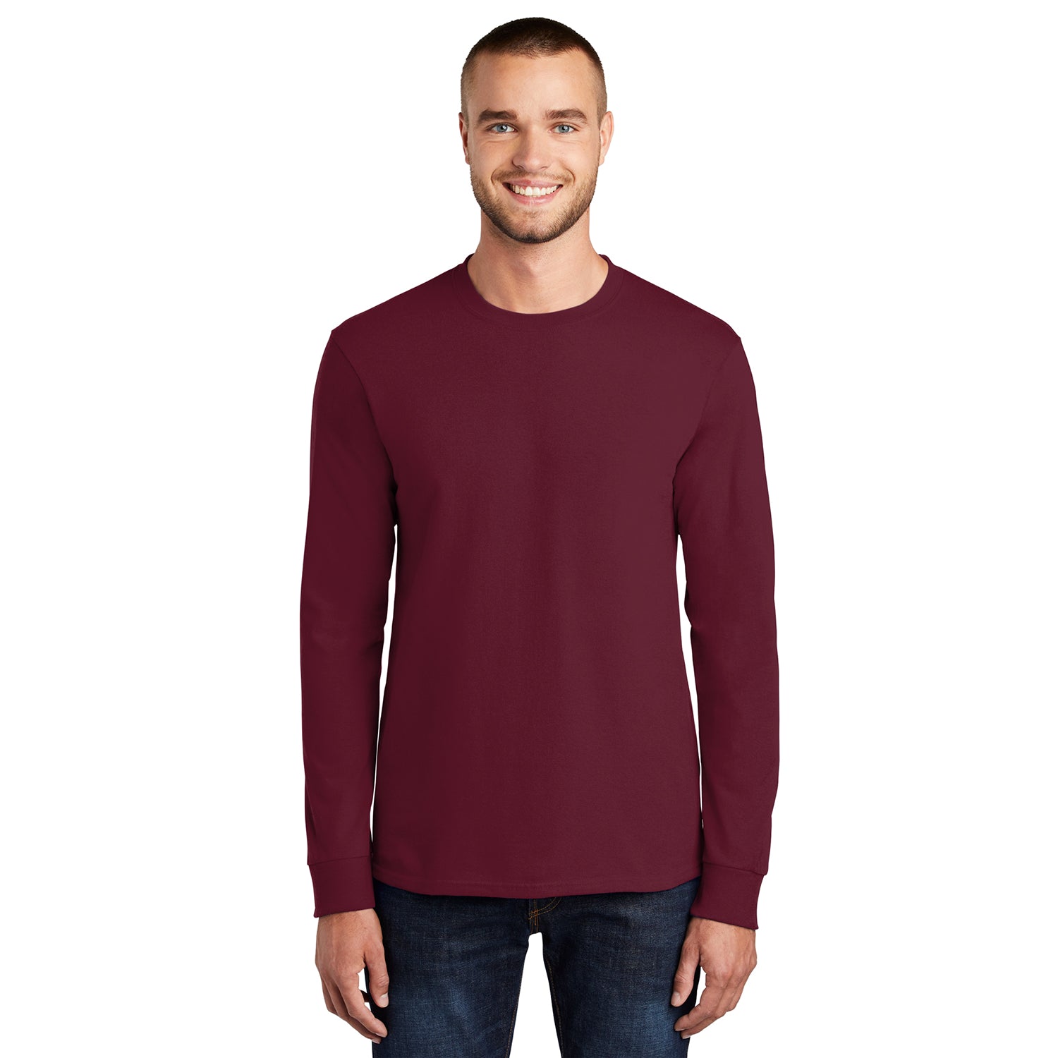 Port & Company Long Sleeve Essential Tee Decorated - Athletic Maroon Red