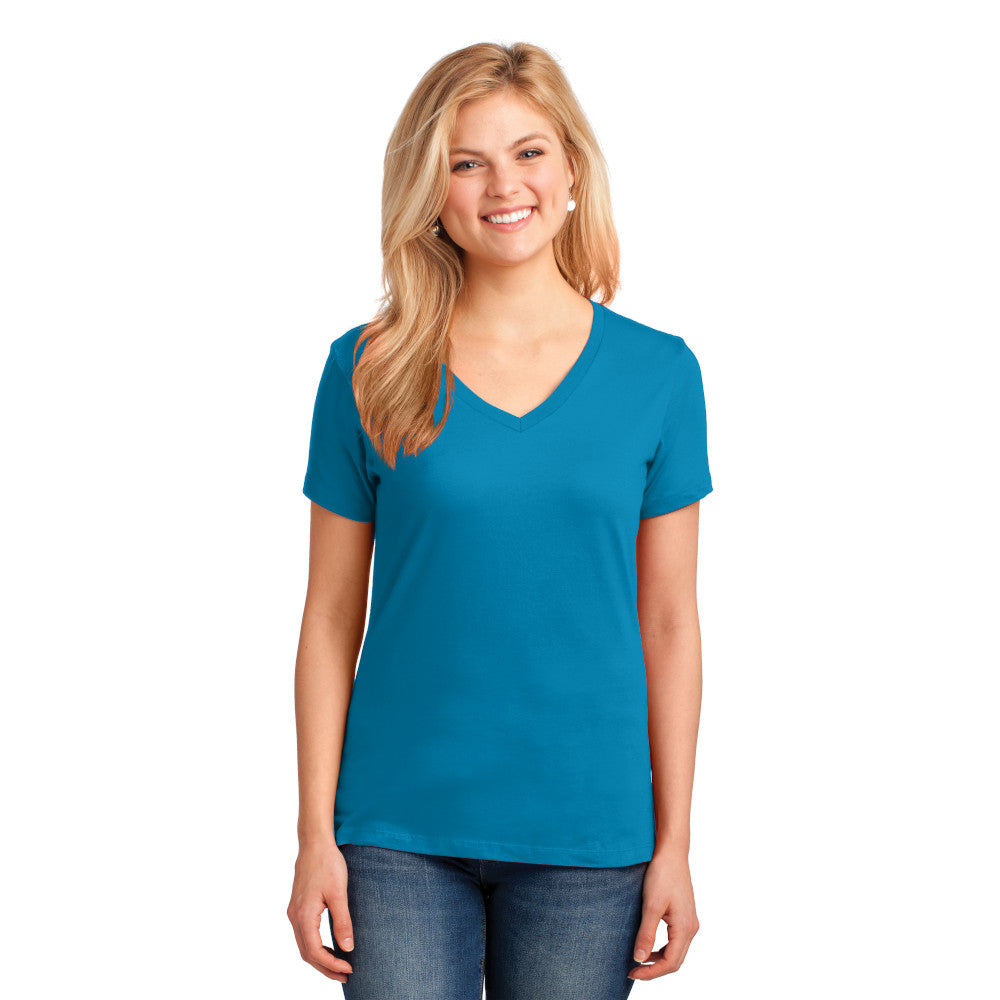 Port & Company Women's Core Cotton V-Neck Tee Decorated - Neon Blue