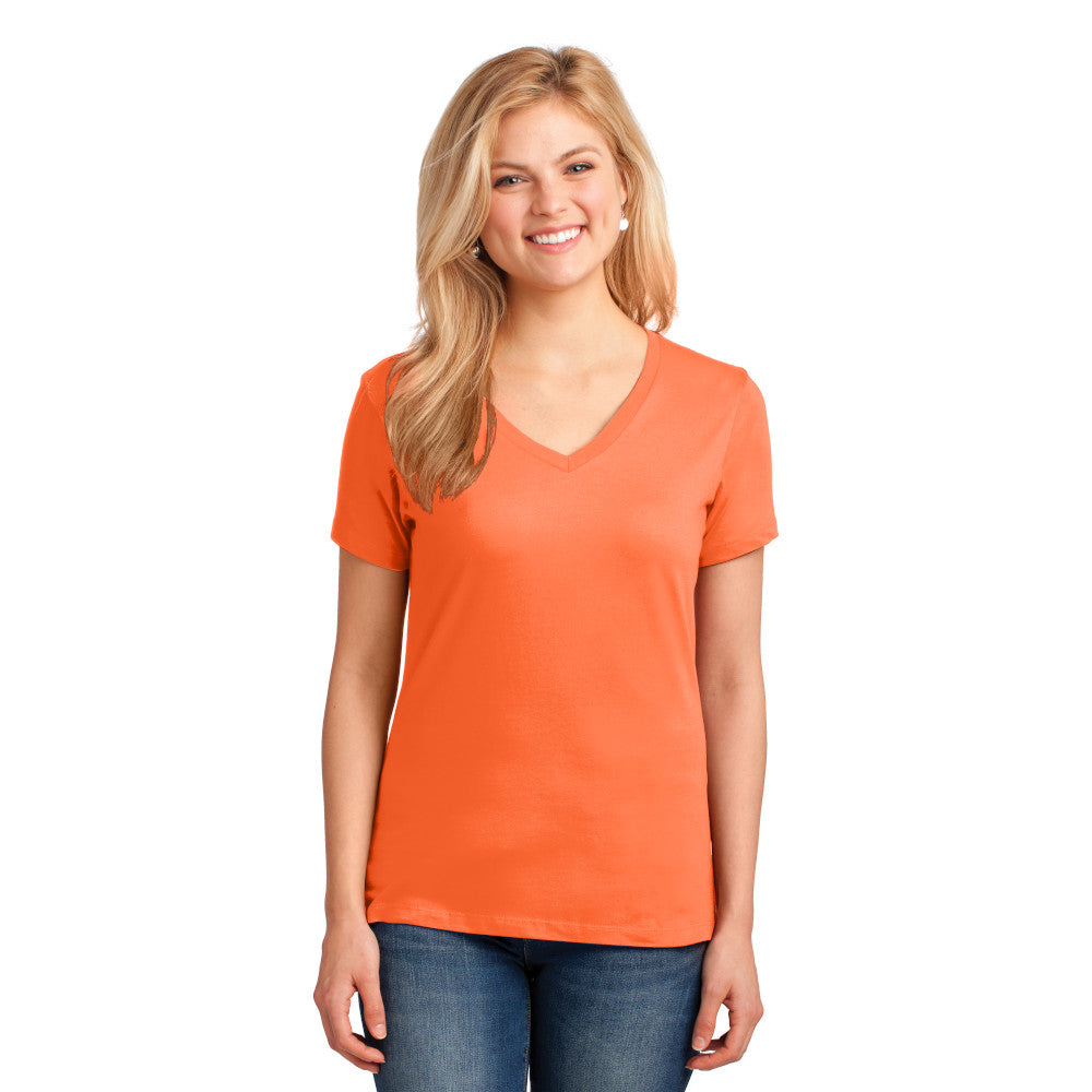 Port & Company Women's Core Cotton V-Neck Tee Decorated - Neon Orange