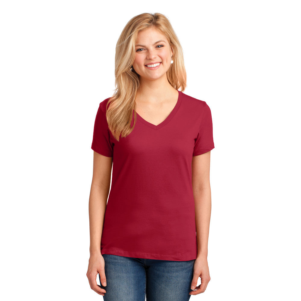 Port & Company Women's Core Cotton V-Neck Tee Decorated - Red