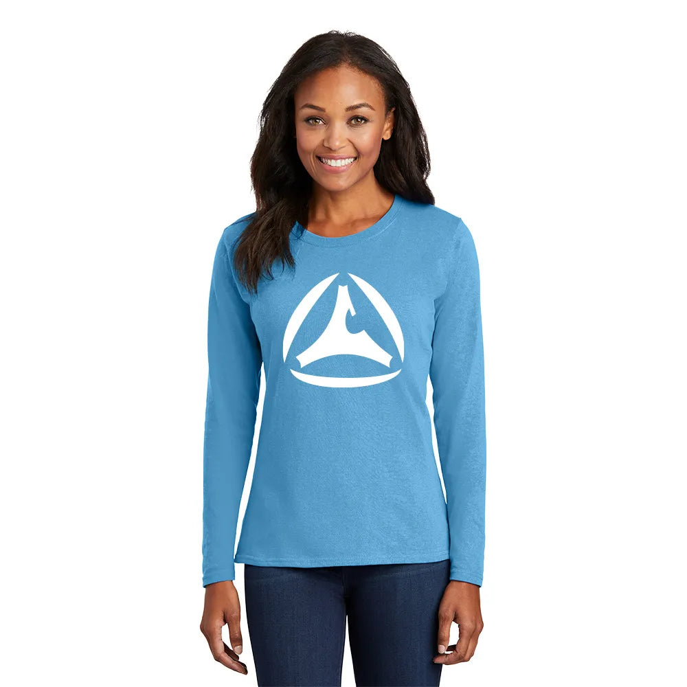 Port & Company Women's Long Sleeve Core Cotton Tee Decorated - Aquatic Blue