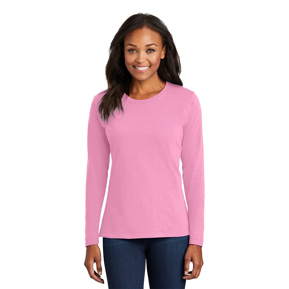 Port & Company Women's Long Sleeve Core Cotton Tee Decorated - Candy Pink