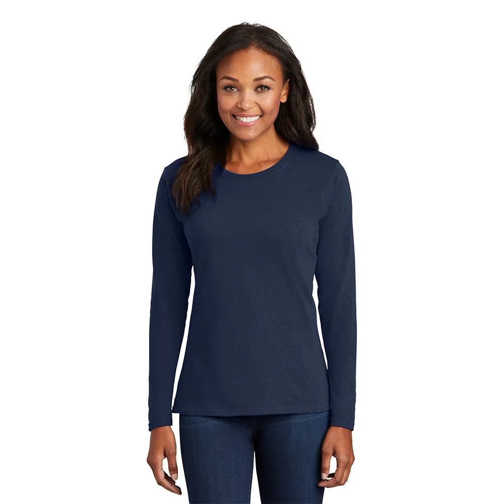 Port & Company Women's Long Sleeve Core Cotton Tee Decorated - Navy Blue