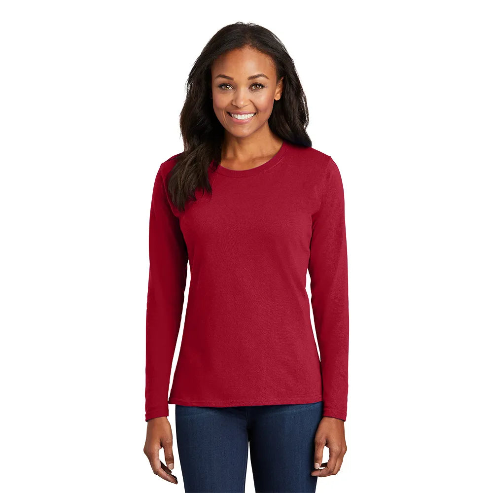 Port & Company Women's Long Sleeve Core Cotton Tee Decorated - Red