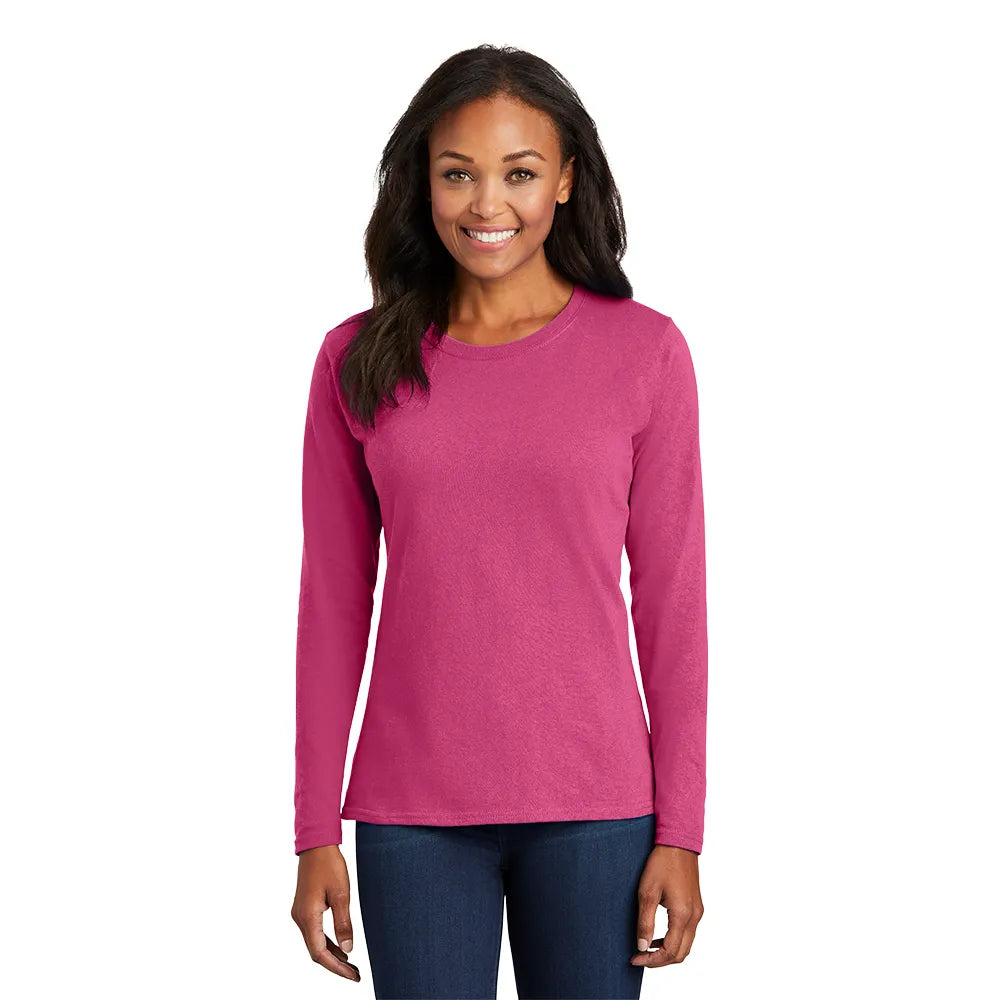 Port & Company Women's Long Sleeve Core Cotton Tee Decorated - Sangria Pink