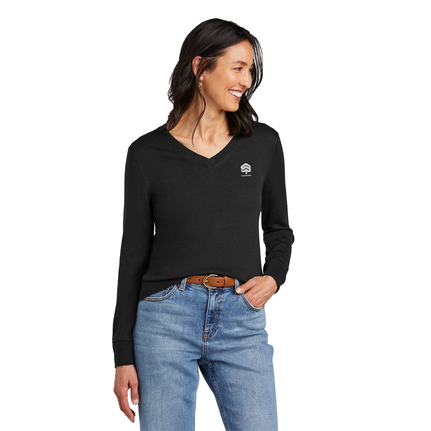 Brooks Brothers Women’s Washable Merino V-Neck Sweater Embroidered - Deep Black