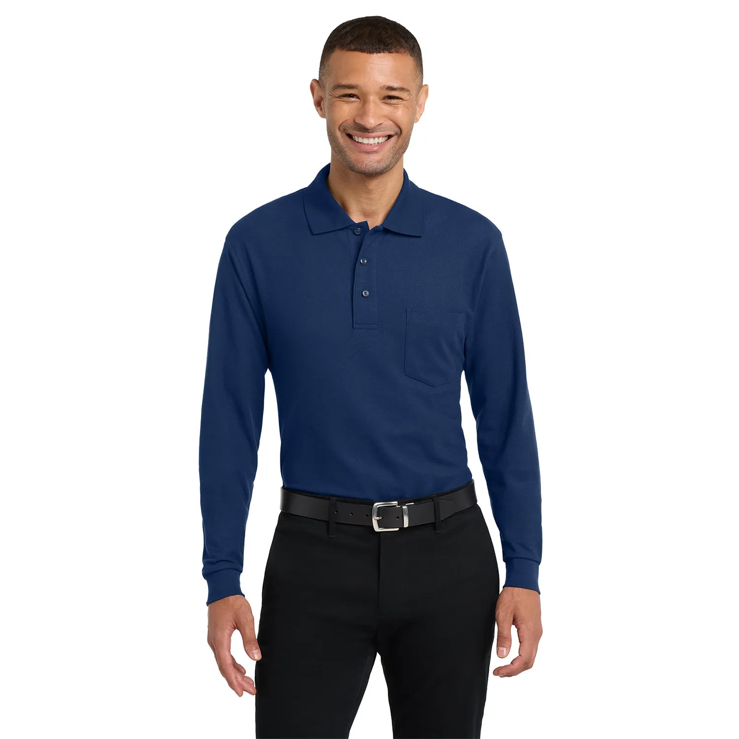 Port Authority Silk Touch Long Sleeve Embroidered Polo with Pocket - Navy Blue