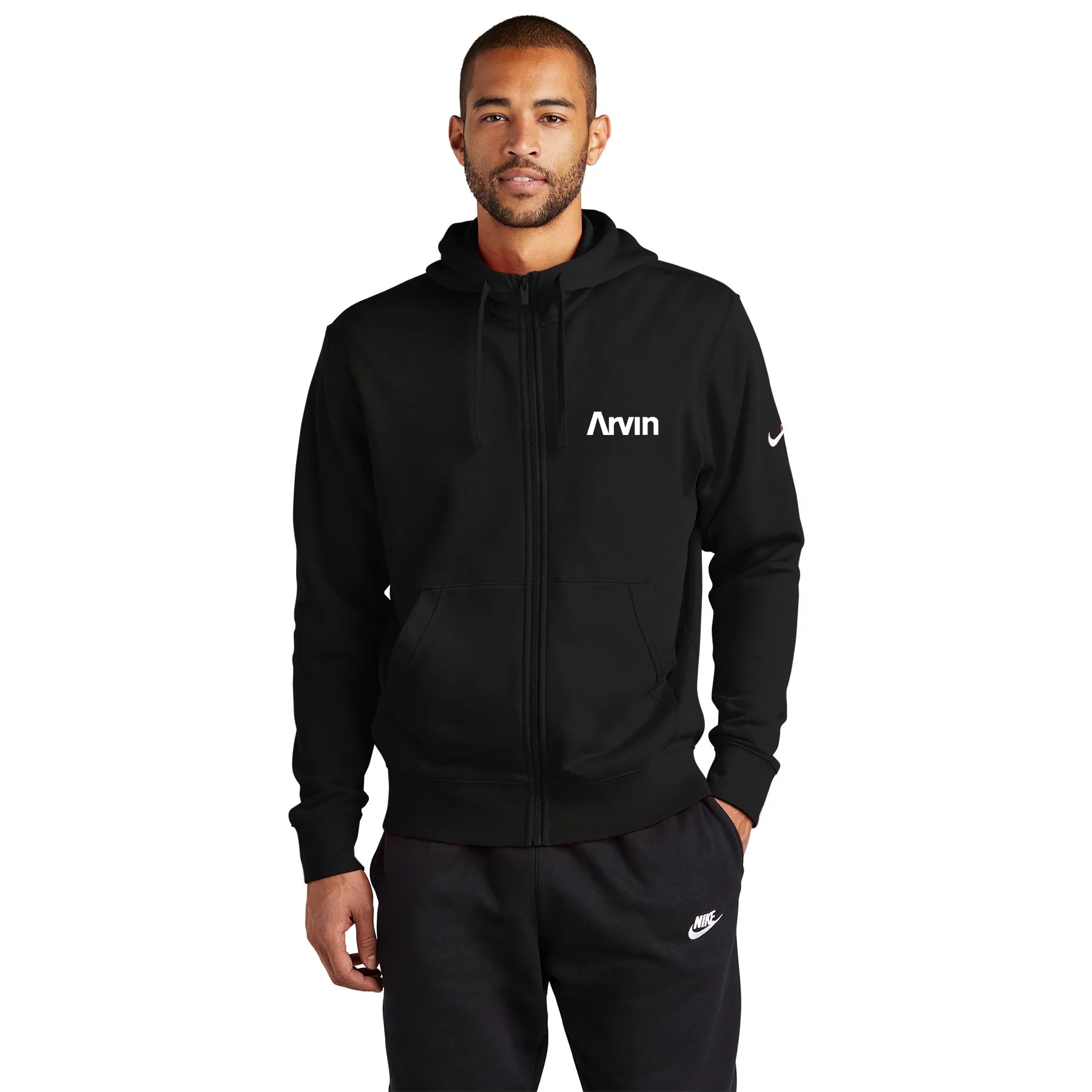 Nike Club Fleece Sleeve Swoosh Full-Zip Embroidered Hoodie - Black