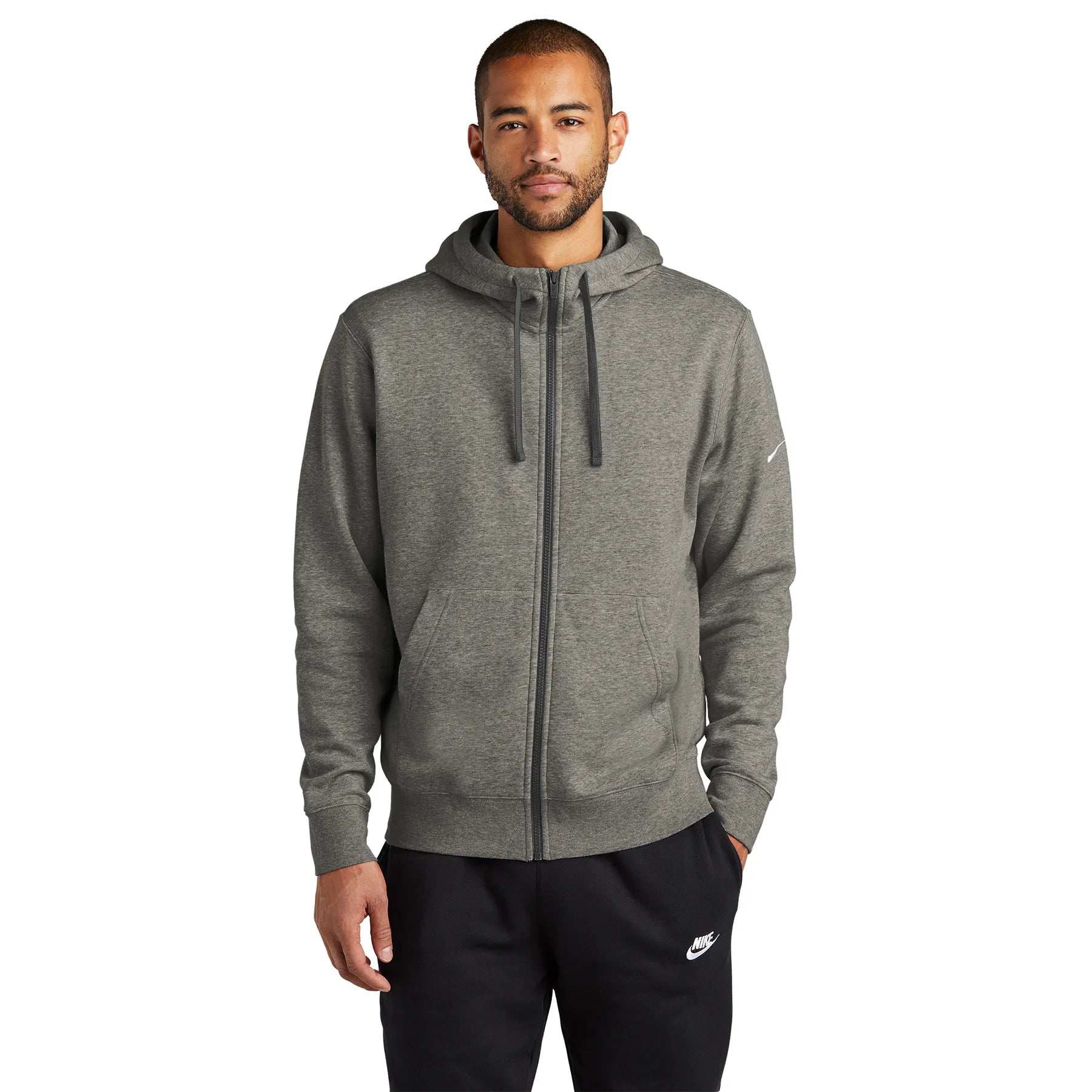Nike Club Fleece Sleeve Swoosh Full-Zip Embroidered Hoodie - Charcoal Grey Heather