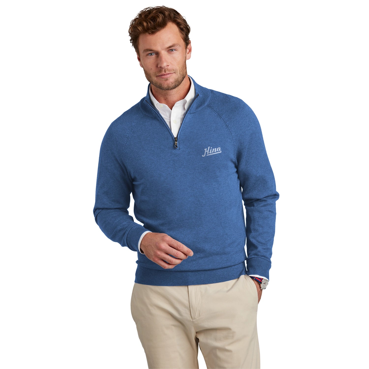 Brooks Brothers Cotton Stretch 1/4-Zip Sweater Embroidered - Charter Blue Heather (PMS 7684C)