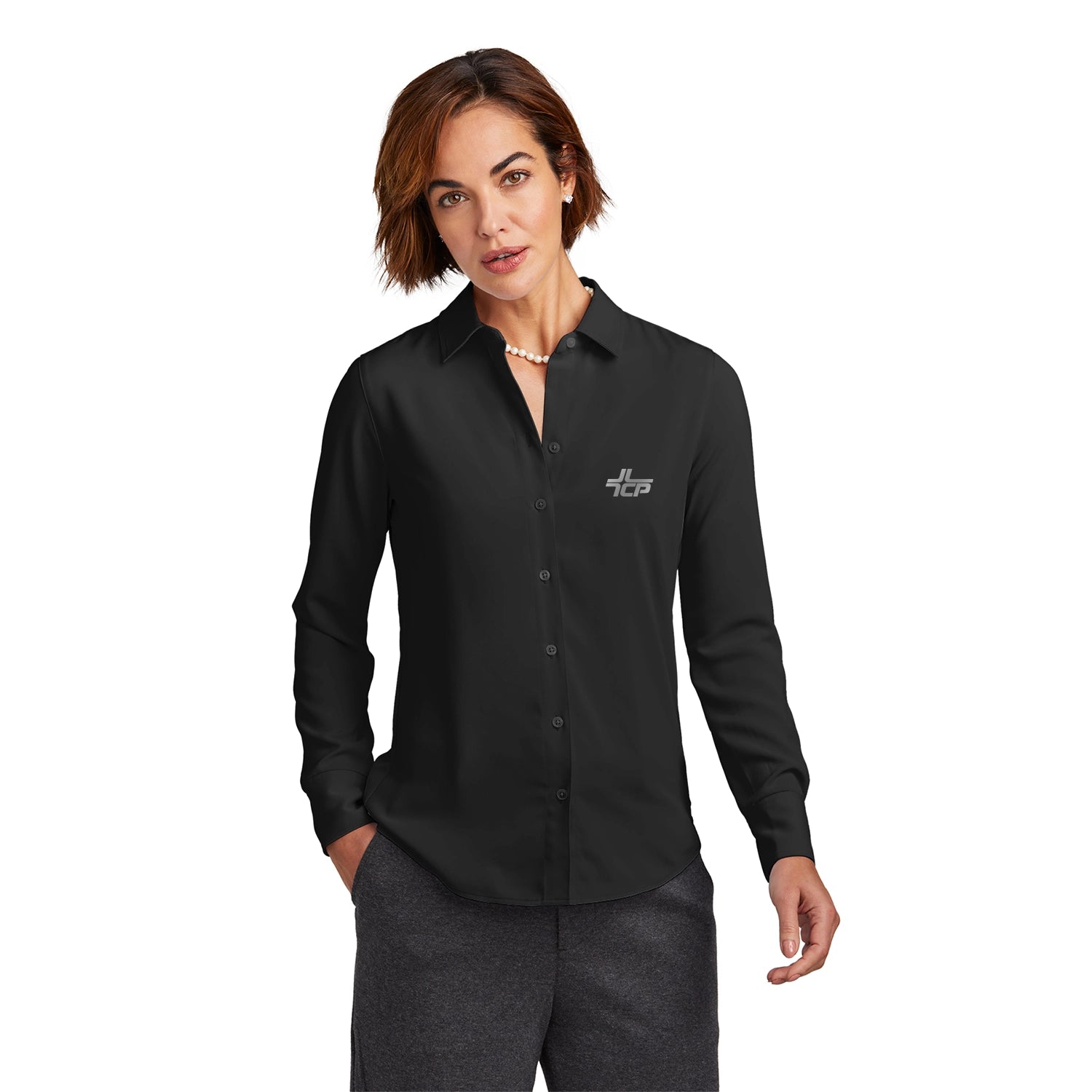 Brooks Brothers Brooks Brothers Women's Full-Button Satin Blouse Embroidered - Deep Black