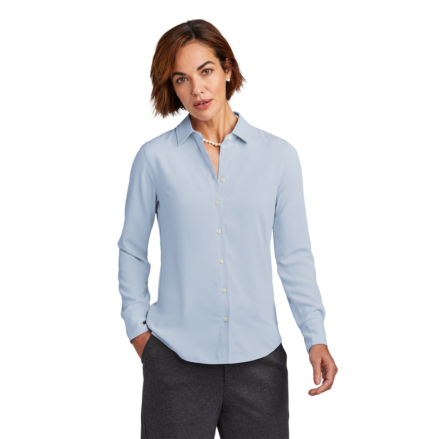 Brooks Brothers Brooks Brothers Women's Full-Button Satin Blouse Embroidered - Heritage Blue