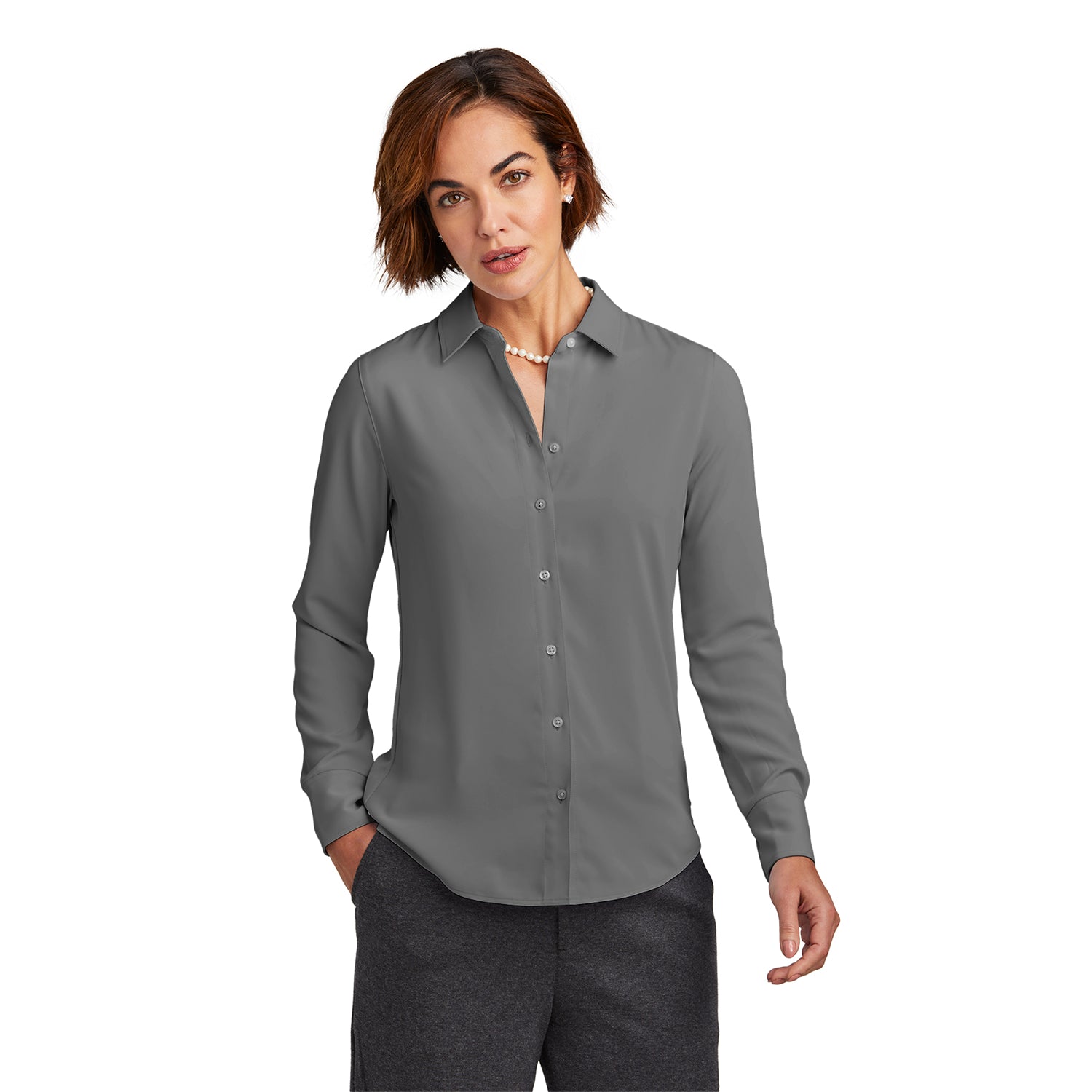 Brooks Brothers Brooks Brothers Women's Full-Button Satin Blouse Embroidered - Shadow Grey