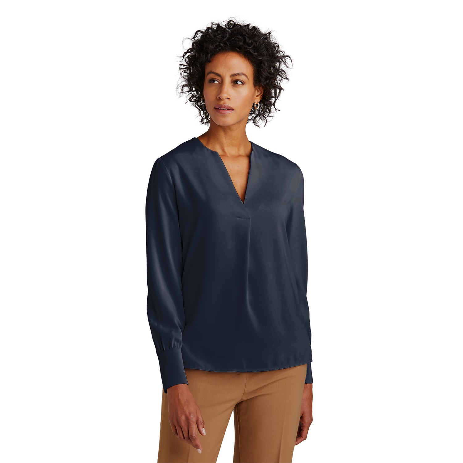 Brooks Brothers Brooks Brothers Women's Open-Neck Satin Blouse Embroidered - Night Navy