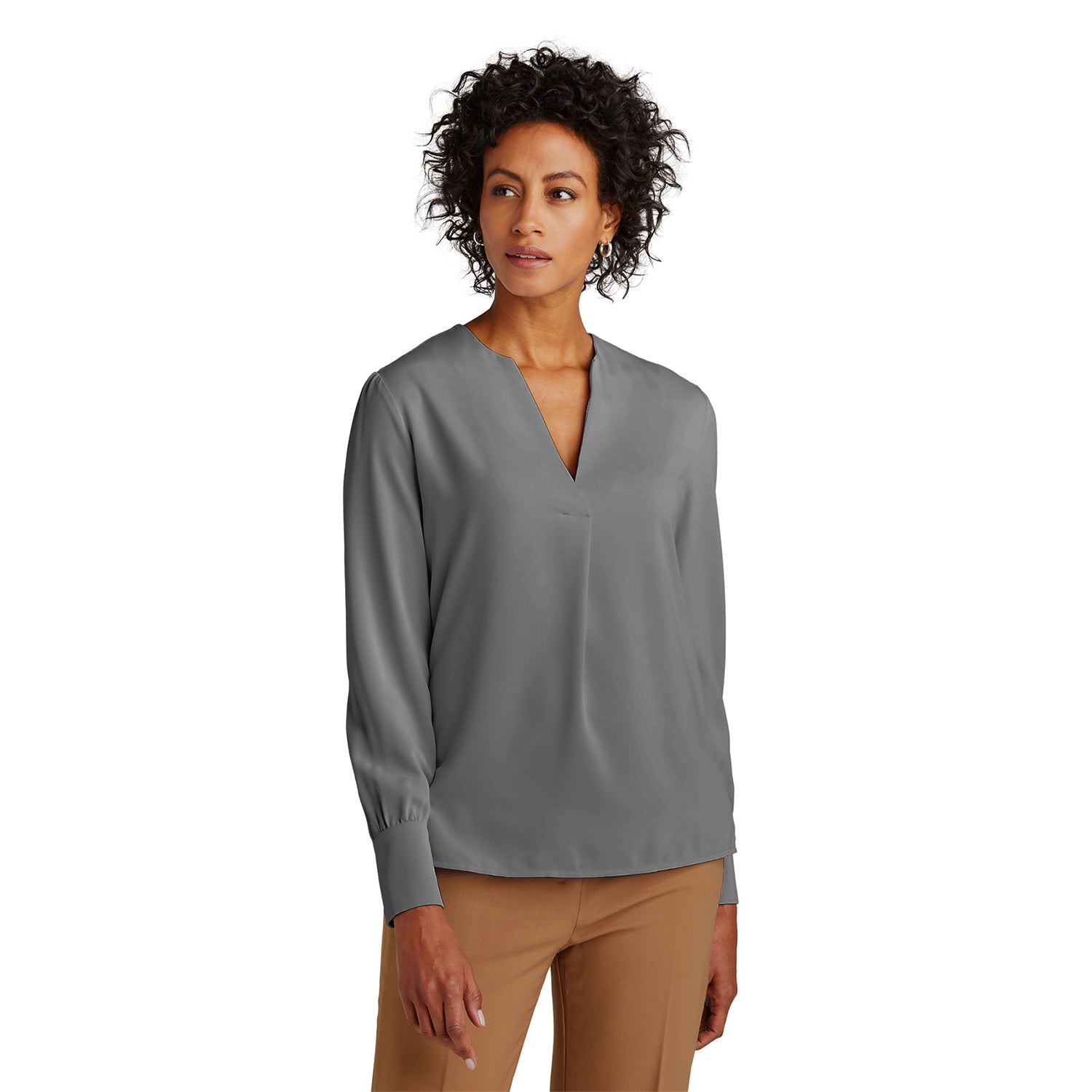 Brooks Brothers Brooks Brothers Women's Open-Neck Satin Blouse Embroidered - Shadow Grey