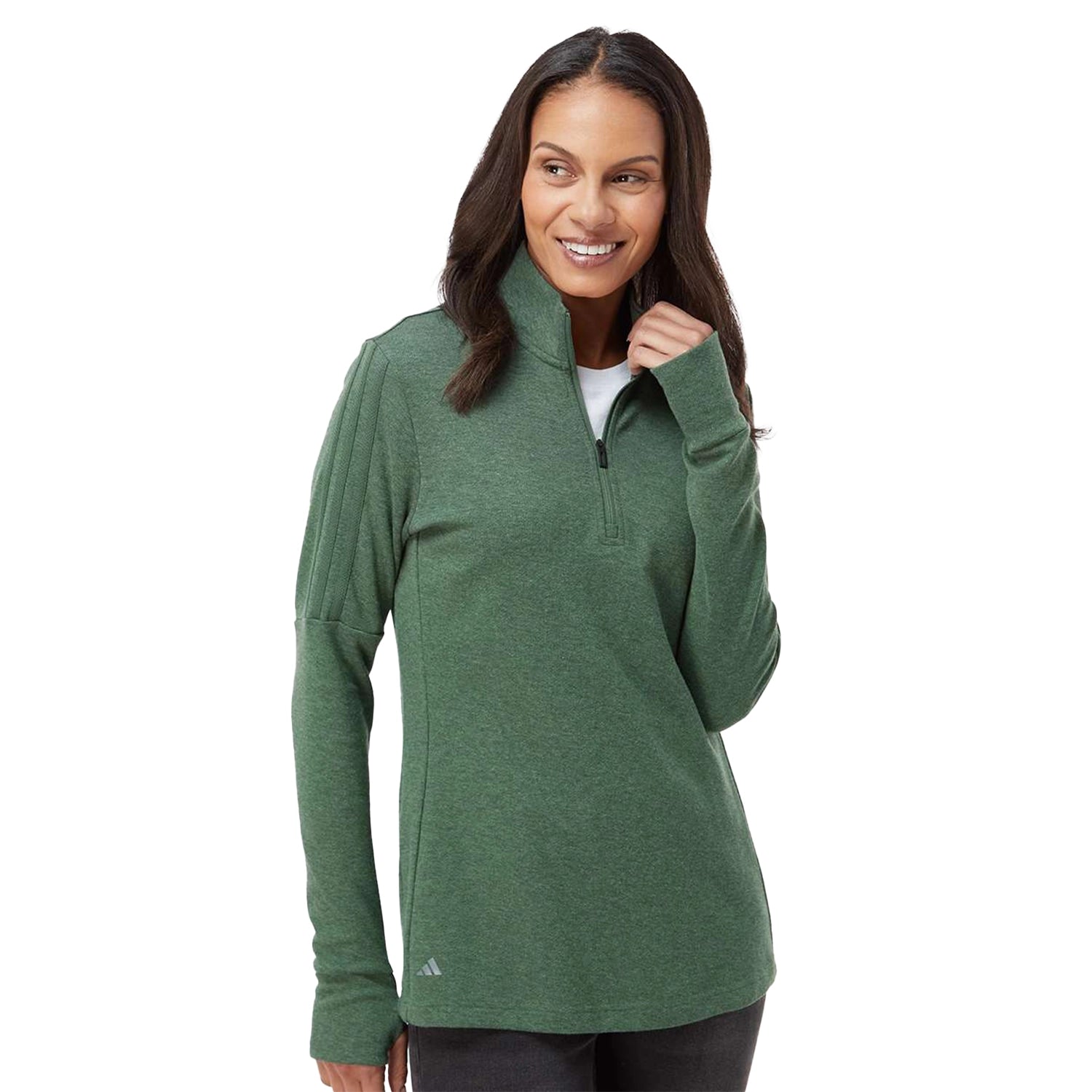 Adidas Women's 3-Stripes Quarter-Zip Sweater Embroidered - Green Oxide Melange