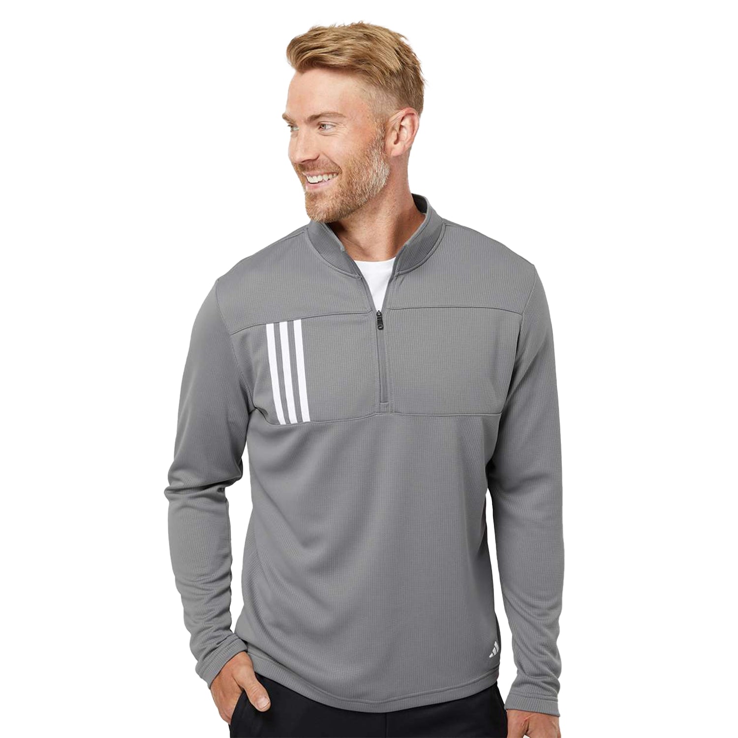 Adidas 3-Stripes Double Knit Quarter-Zip Pullover Embroidered - Grey Three/White