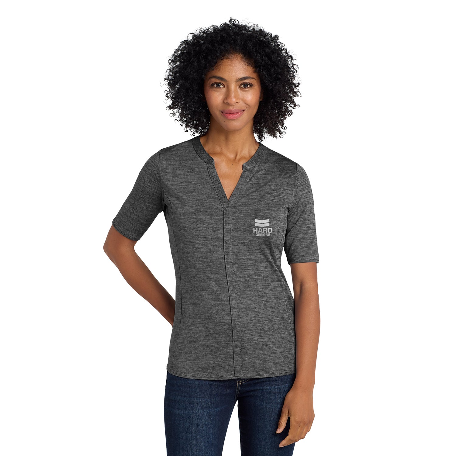 Port Authority Port Authority Women's Stretch Heather Open Neck Top Embroidered - Black/Thunder Grey