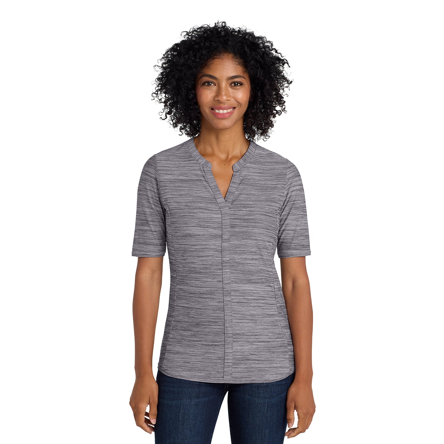Port Authority Port Authority Women's Stretch Heather Open Neck Top Embroidered - Graphite Grey/White