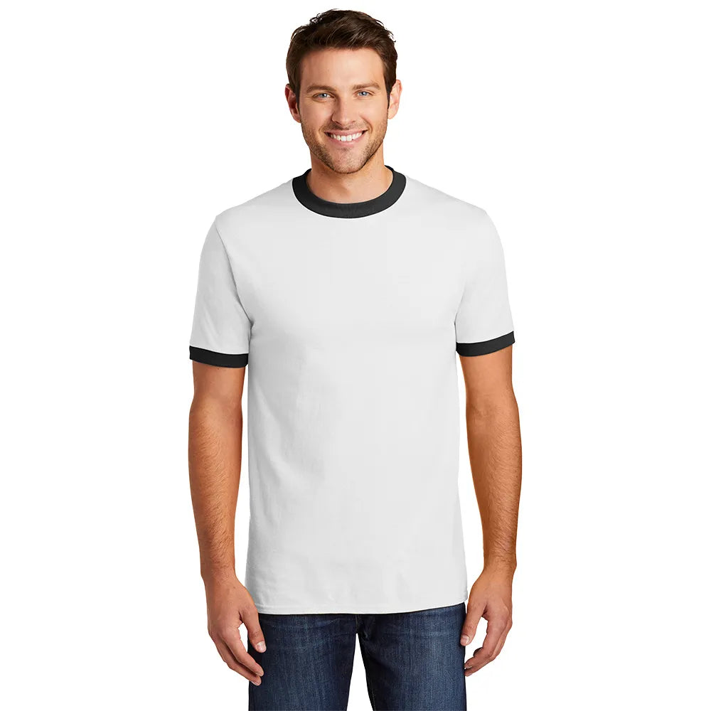 Port & Company Core Cotton Ringer Tee Decorated - White/Navy Blue