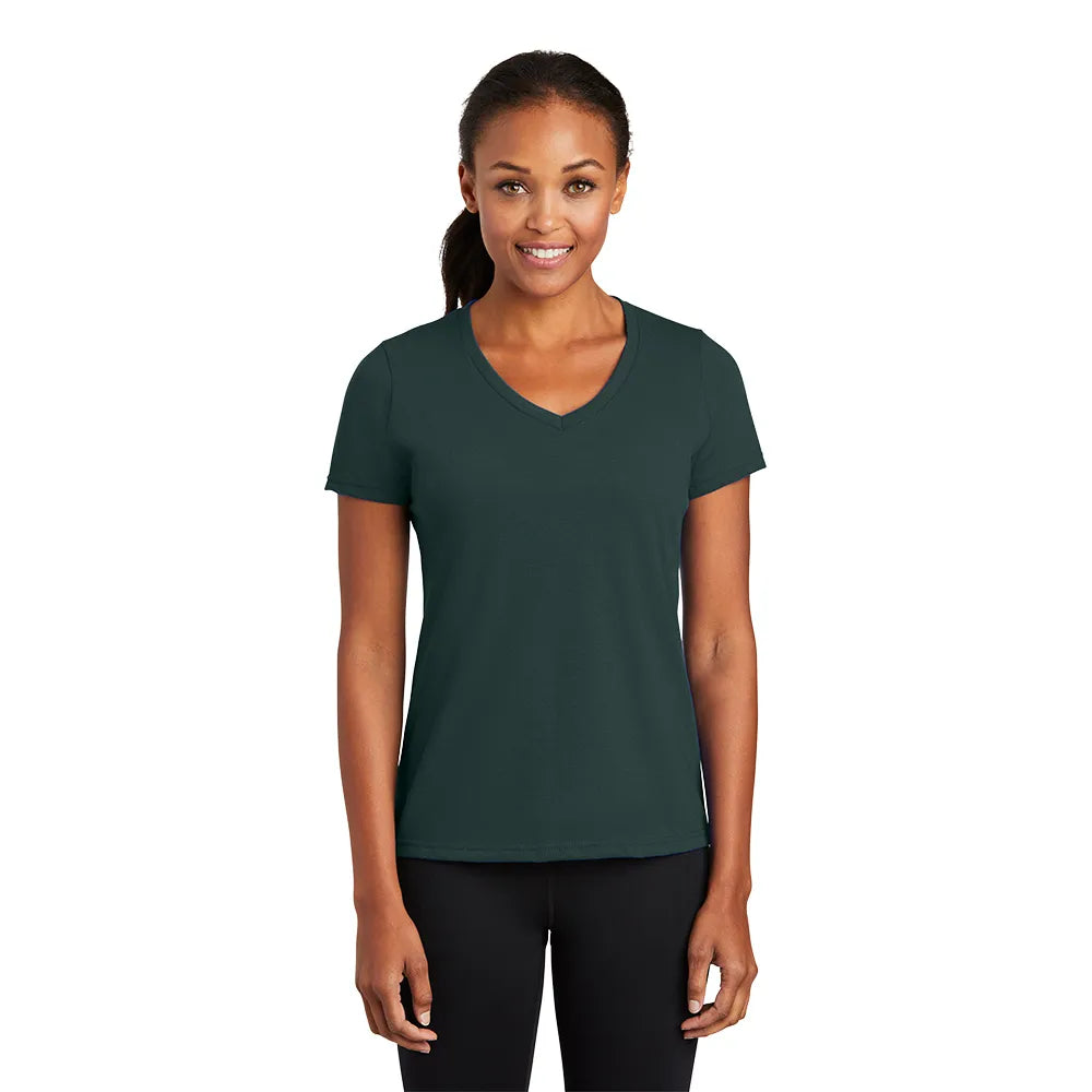 Port & Company Women's Performance Blend V-Neck Tee Decorated in Deep Navy Blue