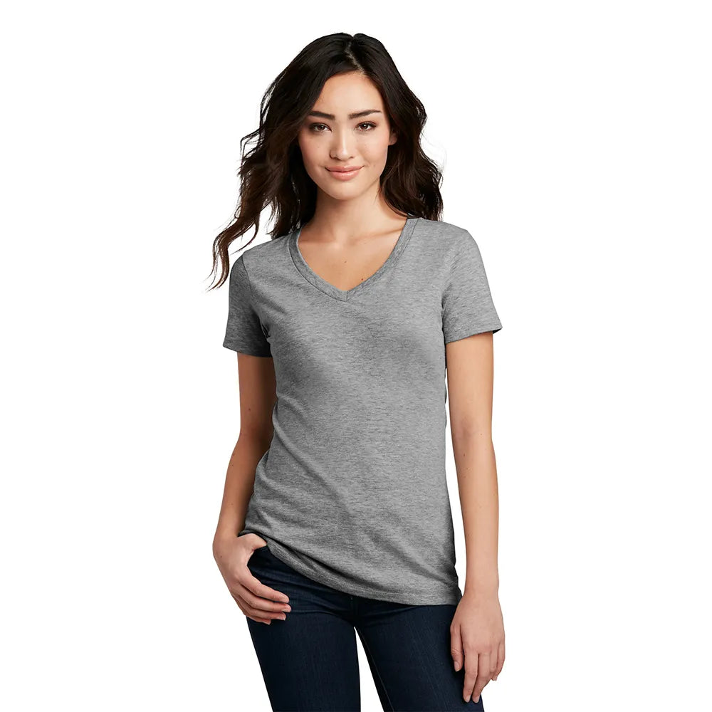 District Women’s Perfect Blend CVC V-Neck Tee Decorated - Heathered Bright Turquoise Blue
