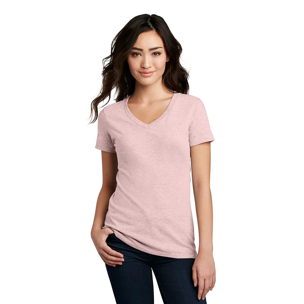 District Women’s Perfect Blend CVC V-Neck Tee Decorated - Heathered Navy Blue