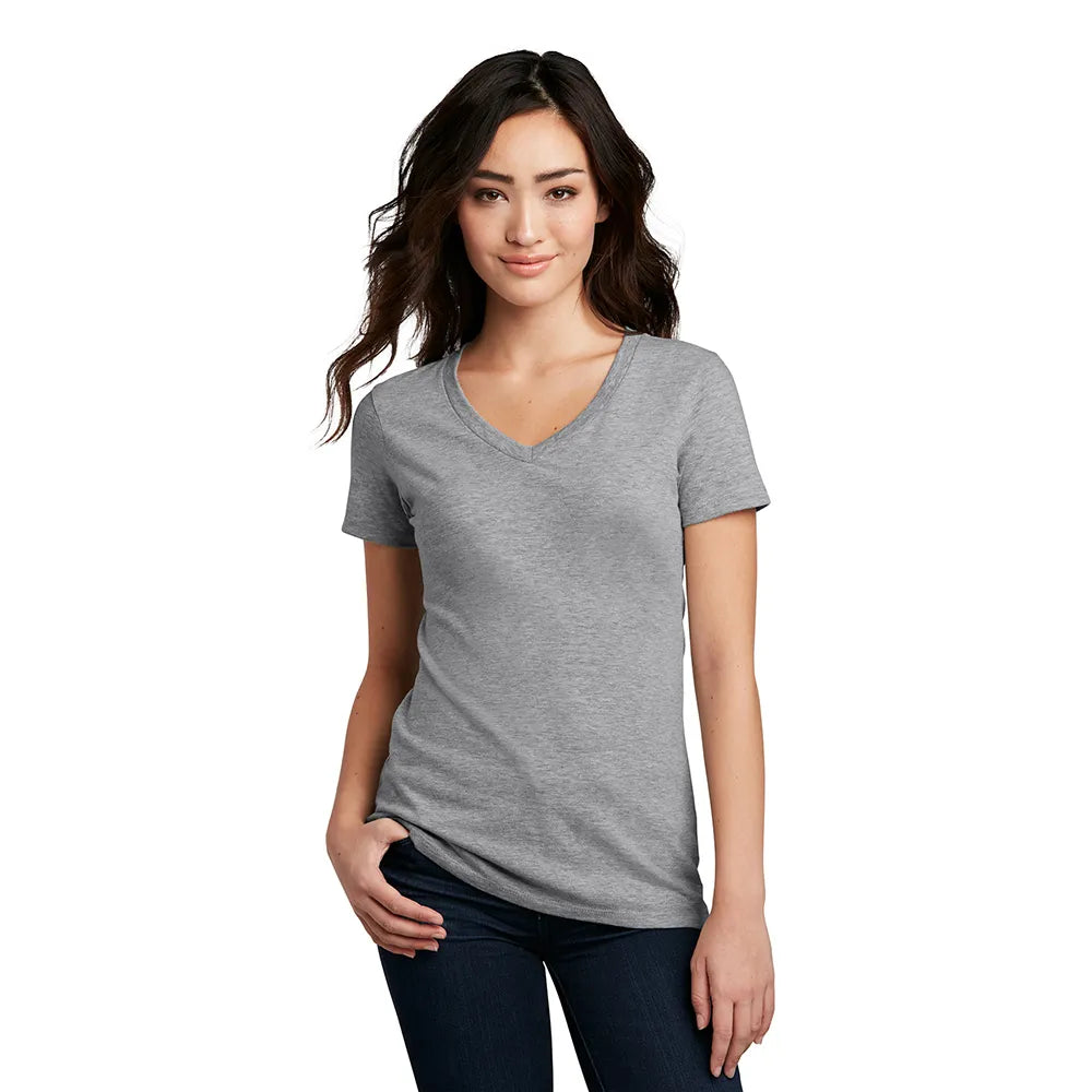 District Women’s Perfect Blend CVC V-Neck Tee Decorated - Raspberry Fleck Pink