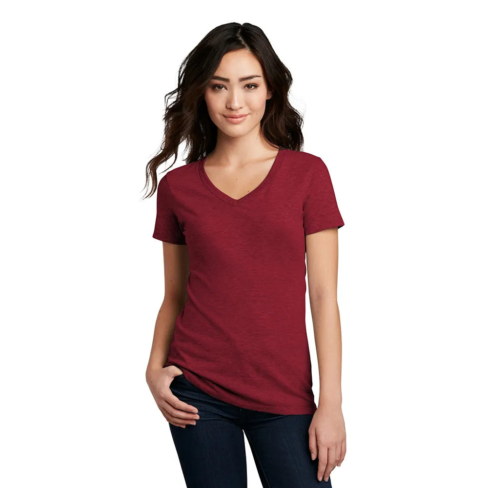 District Women’s Perfect Blend CVC V-Neck Tee Decorated - Rose Fleck Red