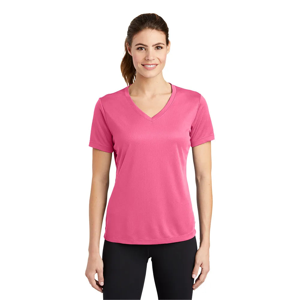 Sport-Tek Women's PosiCharge RacerMesh V-Neck Tee Decorated - Bright Pink