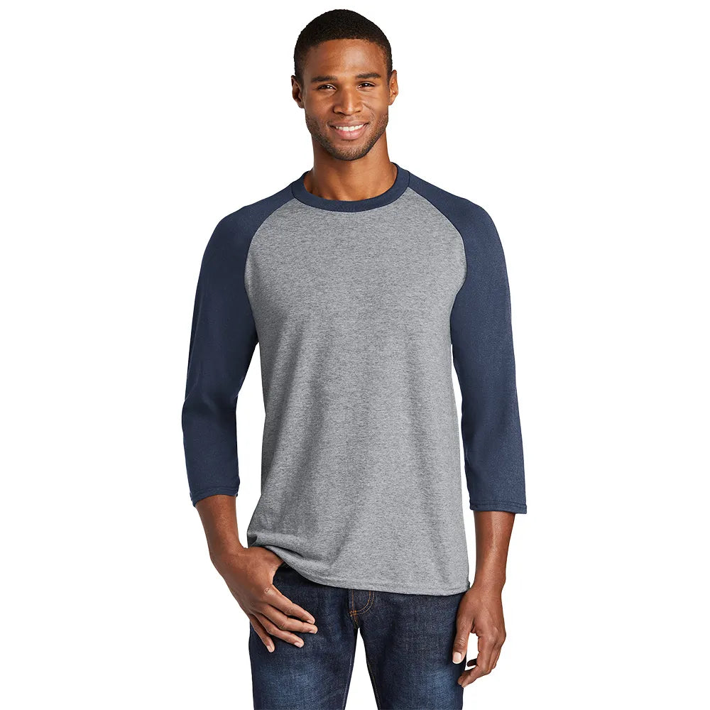Port & Company Core Blend 3/4-Sleeve Raglan Tee Decorated - Athletic Heather Grey/Navy Blue