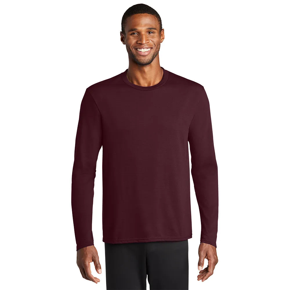 Port & Company Long Sleeve Performance Blend Tee Decorated - Athletic Maroon Red