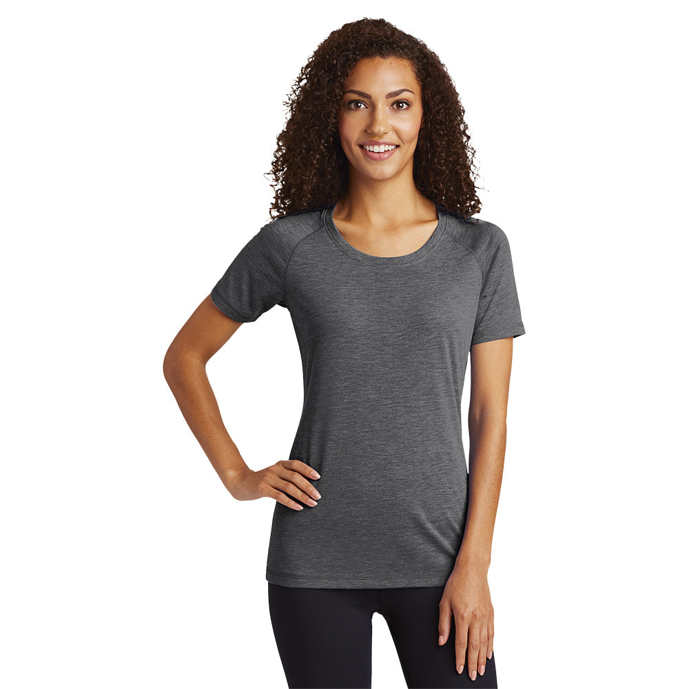 Sport-Tek Women's PosiCharge Tri-Blend Wicking Scoop Neck Raglan Tee Decorated - Dark Grey Heather